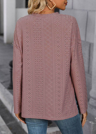 Eyelet Round Neck Long Sleeve Top - MimiStylez