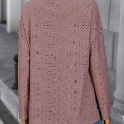 Eyelet Round Neck Long Sleeve Top - MimiStylez
