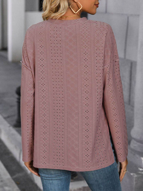 Eyelet Round Neck Long Sleeve Top - MimiStylez