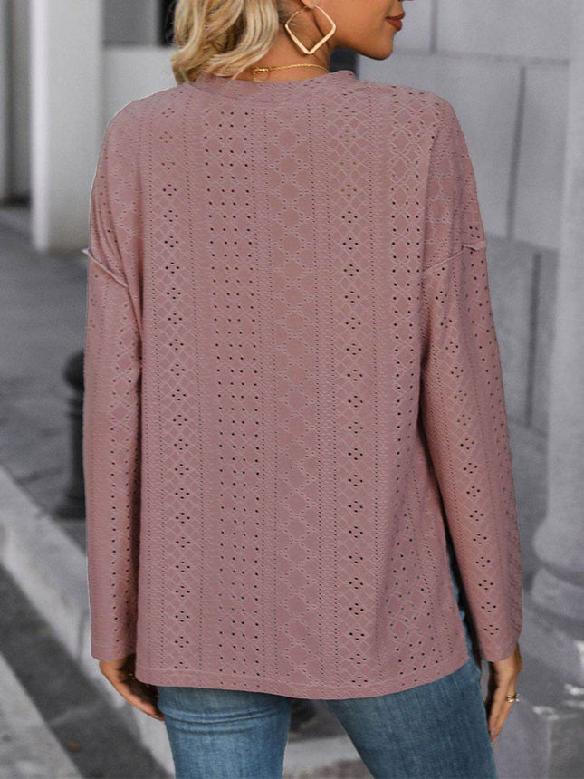 Eyelet Round Neck Long Sleeve Top - MimiStylez