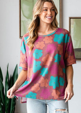 HOPELY Full Size Floral Round Neck Side Slit T-Shirt - MimiStylez