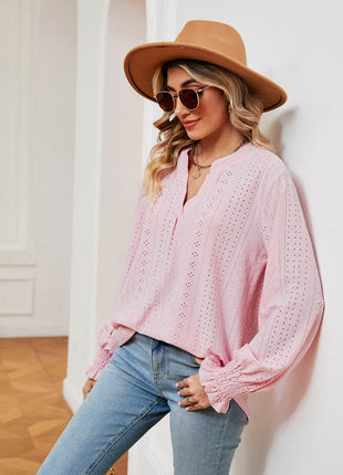 Notched Neck Flounce Sleeve Blouse - MimiStylez