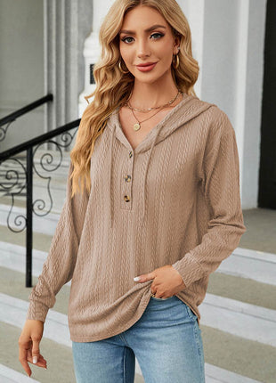 Drawstring Half Button Long Sleeve Hoodie - MimiStylez