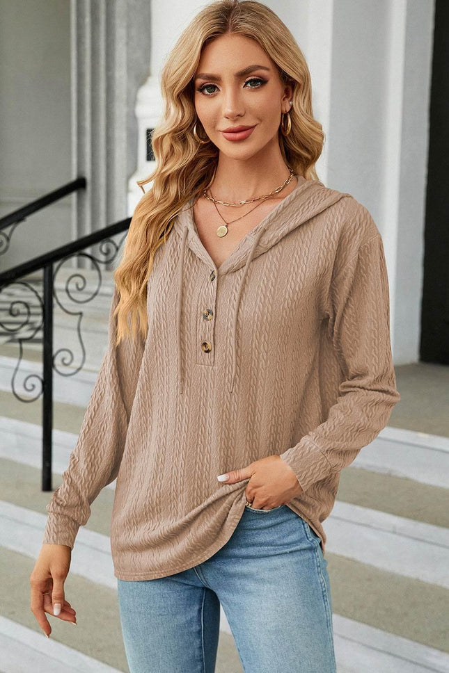 Drawstring Half Button Long Sleeve Hoodie - MimiStylez