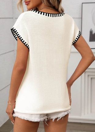 Contrast Trim V-Neck Short Sleeve Knit Top - MimiStylez