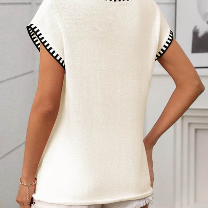 Contrast Trim V-Neck Short Sleeve Knit Top - MimiStylez