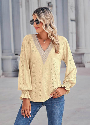 V-Neck Eyelet Flounce Sleeve Blouse - MimiStylez