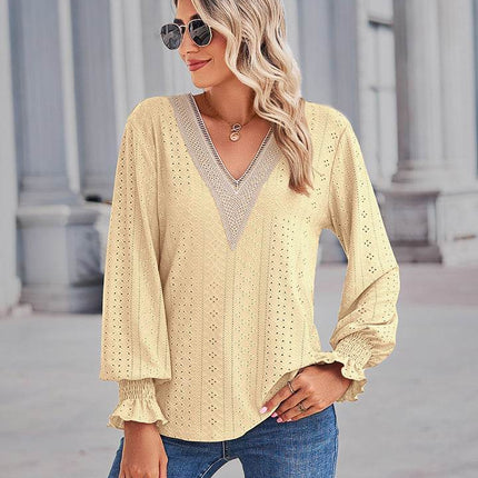 V-Neck Eyelet Flounce Sleeve Blouse - MimiStylez