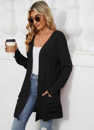 Pocketed Open Front Long Sleeve Cardigan - MimiStylez