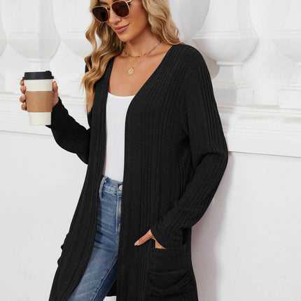 Pocketed Open Front Long Sleeve Cardigan - MimiStylez