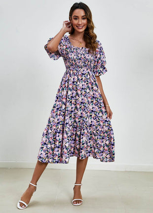 Smocked Floral Square Neck Short Sleeve Dress - MimiStylez