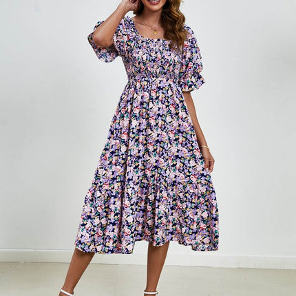 Smocked Floral Square Neck Short Sleeve Dress - MimiStylez