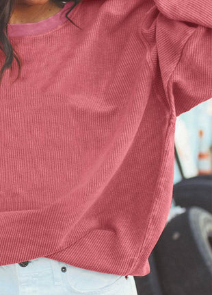 Ribbed Round Neck Drop Shoulder Sweatshirt - MimiStylez