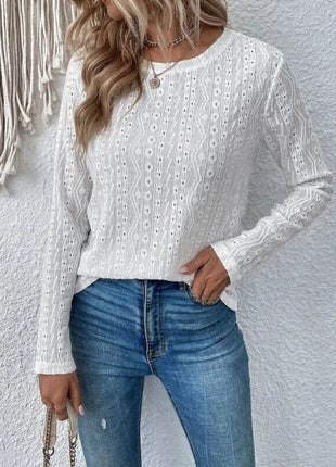 Eyelet Round Neck Long Sleeve Blouse - MimiStylez