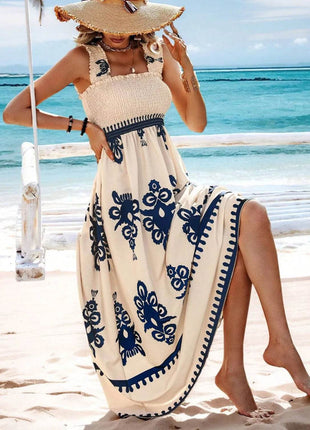 Smocked Printed Wide Strap Maxi Dress - MimiStylez