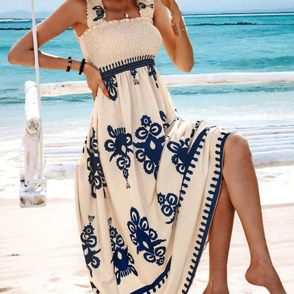 Smocked Printed Wide Strap Maxi Dress - MimiStylez