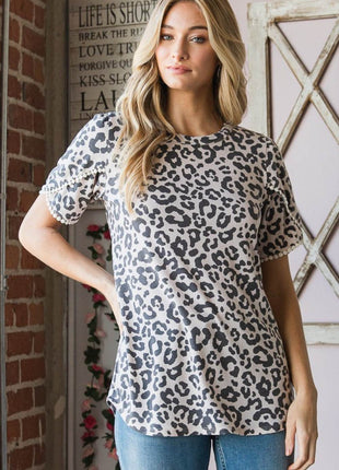 Heimish Leopard Round Neck Petal Sleeve T-Shirt - MimiStylez