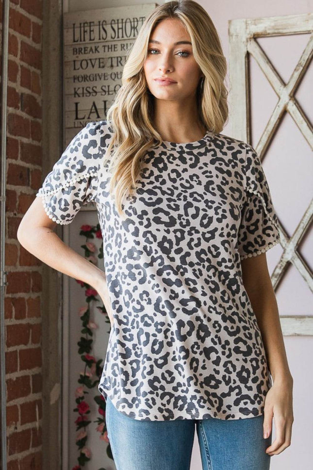 Heimish Leopard Round Neck Petal Sleeve T-Shirt - MimiStylez