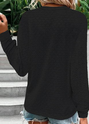 Eyelet Notched Long Sleeve T-Shirt - MimiStylez