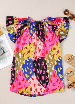 Ruffled Printed Tie Neck Cap Sleeve Blouse - MimiStylez