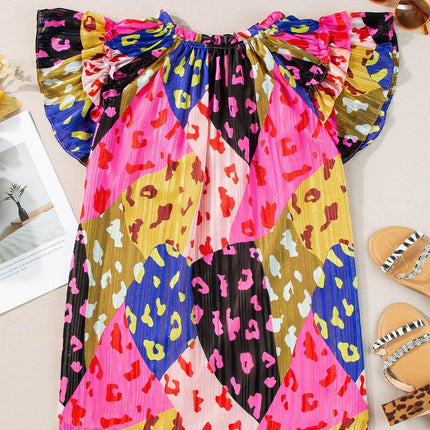 Ruffled Printed Tie Neck Cap Sleeve Blouse - MimiStylez