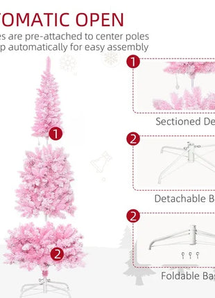 6FT Prelit Flocked Pencil Christmas Tree - Pine Realistic Branches, Warm White LED Lights, Auto Open, Pink And White