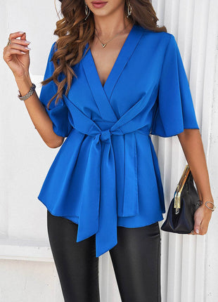 Surplice Tie Waist Half Sleeve Blouse - MimiStylez
