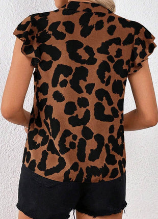 Leopard Notched Cap Sleeve Blouse - MimiStylez
