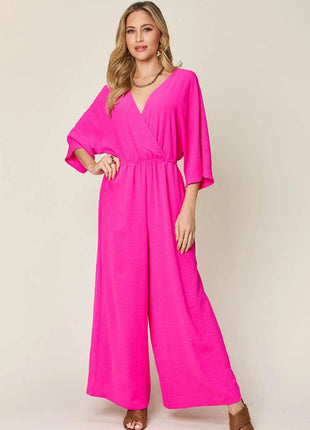 Double Take Full Size Surplice Wide Leg Jumpsuit with Pockets - MimiStylez