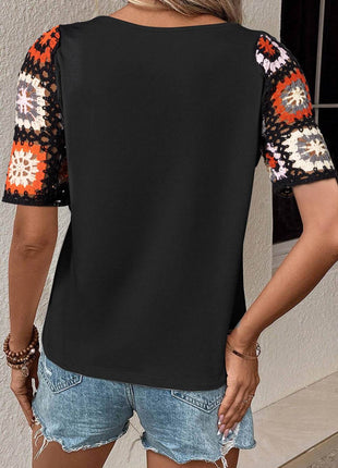 Geometric Round Neck Short Sleeve Blouse - MimiStylez