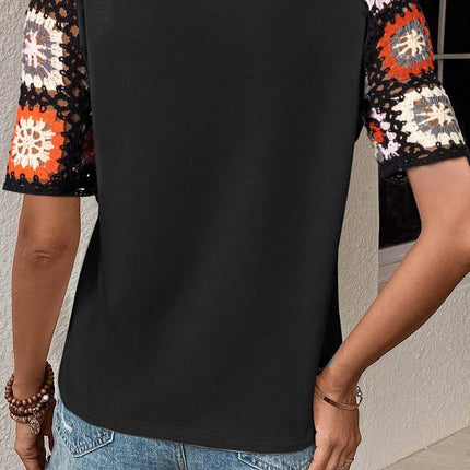 Geometric Round Neck Short Sleeve Blouse - MimiStylez