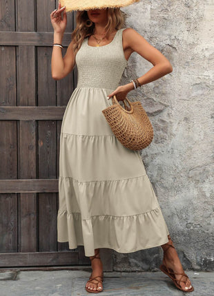 Smocked Scoop Neck Sleeveless Tank Dress - MimiStylez