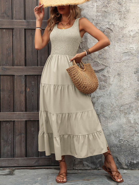 Smocked Scoop Neck Sleeveless Tank Dress - MimiStylez