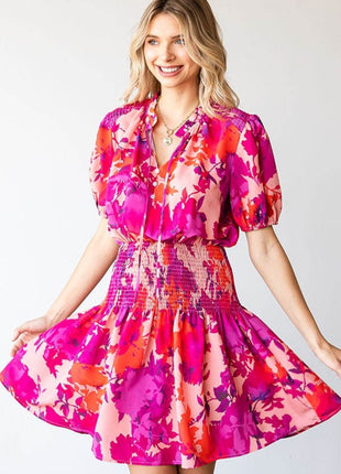 First Love Floral Short Sleeve Smocked Mini Dress - MimiStylez