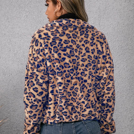 Drawstring Leopard Zip Up Jacket - MimiStylez
