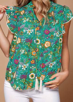 Tassel Printed Cap Sleeve Blouse - MimiStylez
