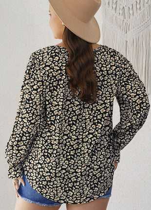 Plus Size Floral Flounce Sleeve Tie-Neck Blouse - MimiStylez