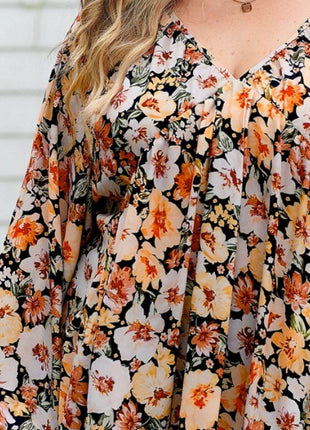 Plus Size Floral V-Neck Balloon Sleeve Blouse - MimiStylez