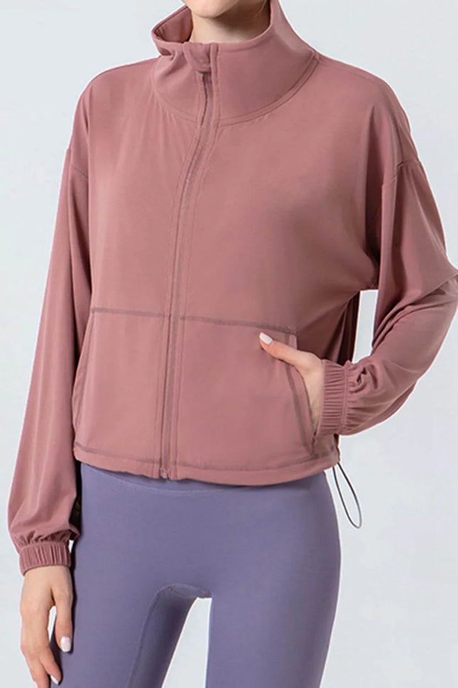 Drawstring Zip Up Dropped Shoulder Active Outerwear - MimiStylez