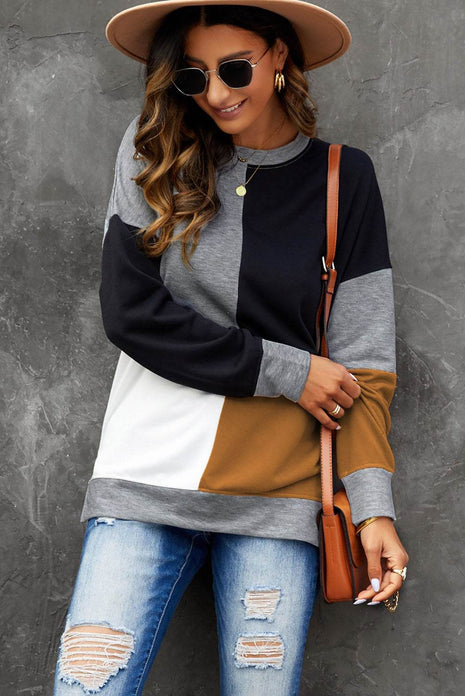 Color Block Round Neck Sweatshirt - MimiStylez