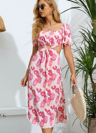 Floral Cutout Square Neck Puff Sleeve Dress - MimiStylez