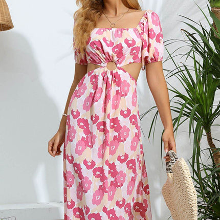 Floral Cutout Square Neck Puff Sleeve Dress - MimiStylez