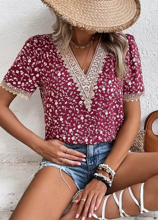 Full Size Printed V-Neck Short Sleeve Blouse - MimiStylez
