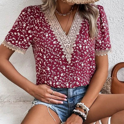 Full Size Printed V-Neck Short Sleeve Blouse - MimiStylez