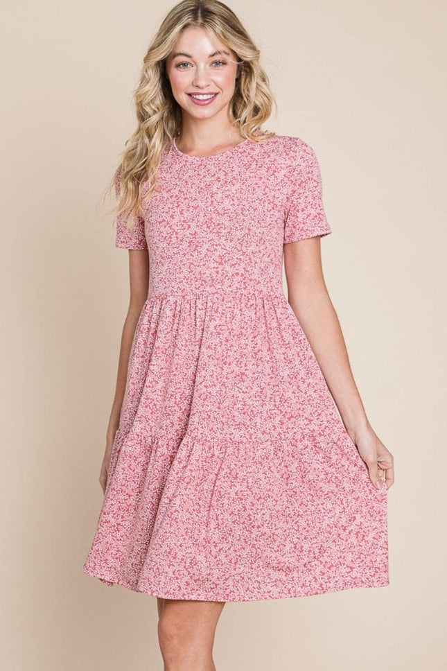 BOMBOM Printed Short Sleeve Mini Dress - MimiStylez