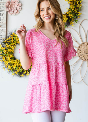 Heimish Full Size Leopard Ruffle Trim Short Sleeve Top - MimiStylez