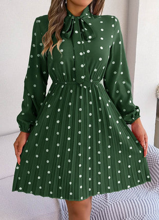 Polka Dot Tie Neck Pleated Dress - MimiStylez