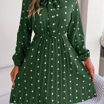 Polka Dot Tie Neck Pleated Dress - MimiStylez