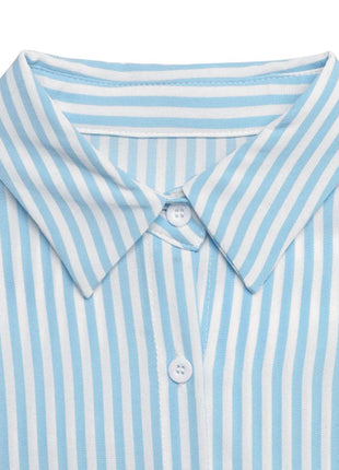 Striped Button-Down Midi Shirt Dress with Ruffle Sleeves - MimiStylez