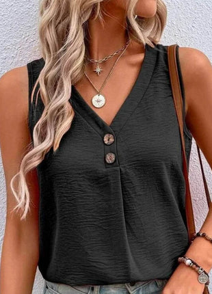 Full Size Decorative Button V-Neck Tank - MimiStylez